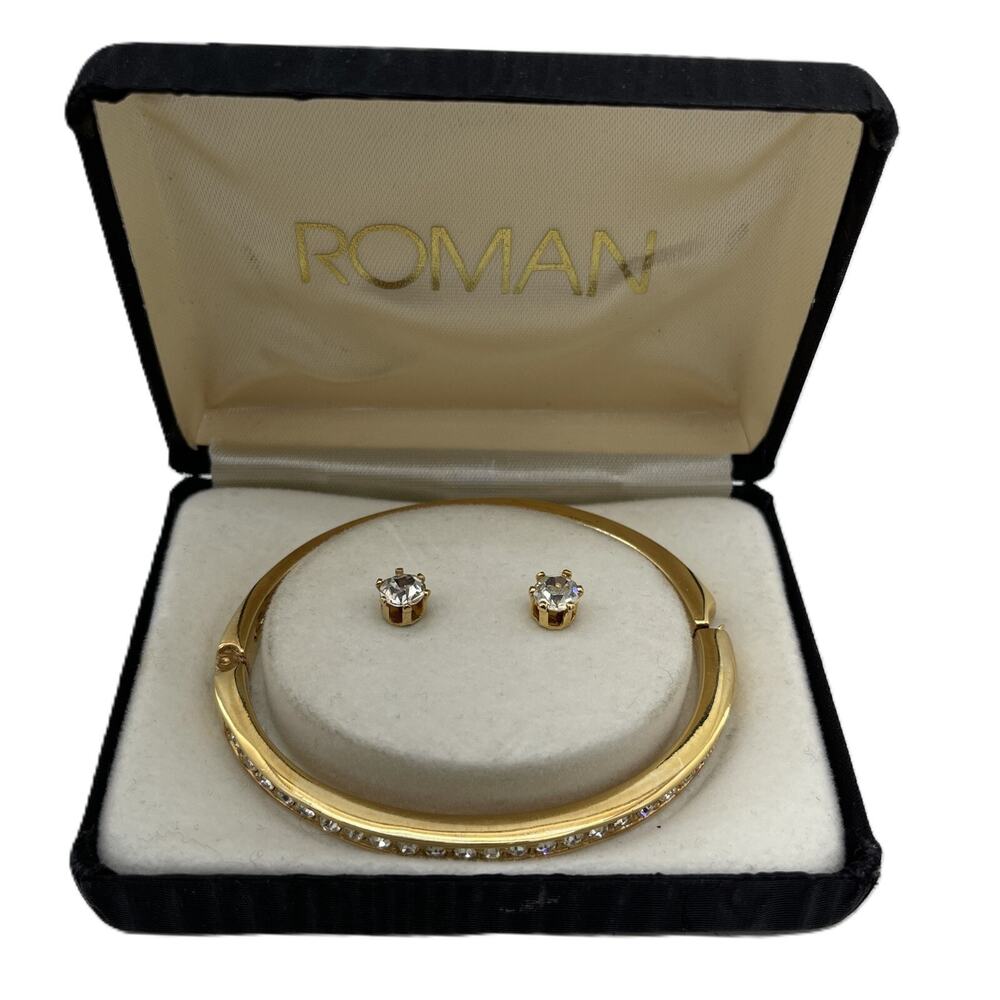 Vintage Roman Bracelet W/ Cubic Zirconia And Stud Earrings Set In Original Case